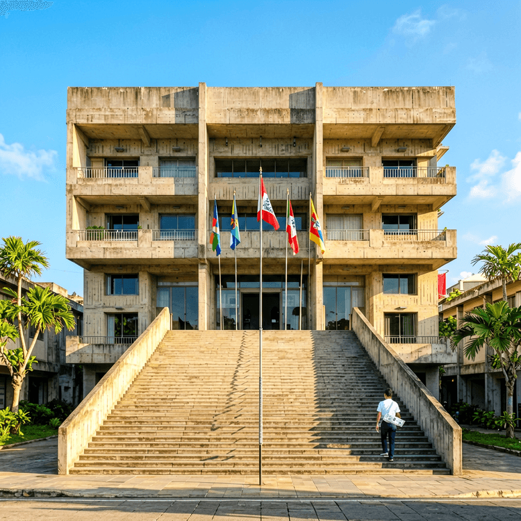 Facade of a public building with stairs in Maputo