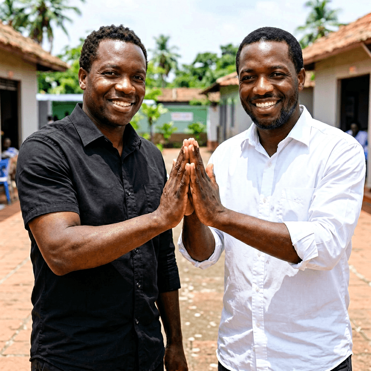 Two professionals shaking hands in an outdoor courtyard