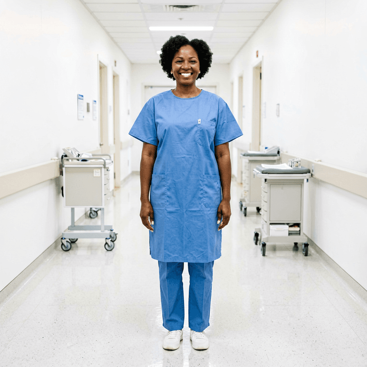 Uniformed nurse at a clinic entrance