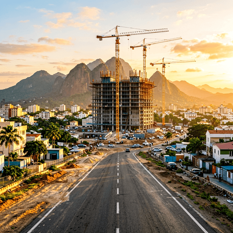 Developing city with construction cranes in the distance