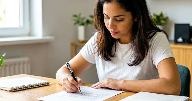 Person writing a cover letter at a desk