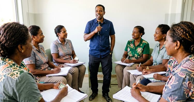 Meeting of Mozambican workers with union representation in a company room