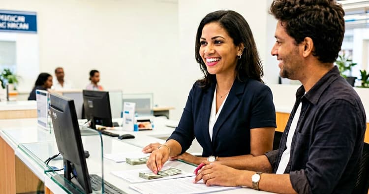 Atendente moçambicana de banco a atender cliente no balcão de agência moderna