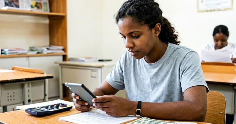 Estudante moçambicano de contabilidade a estudar com portátil e calculadora