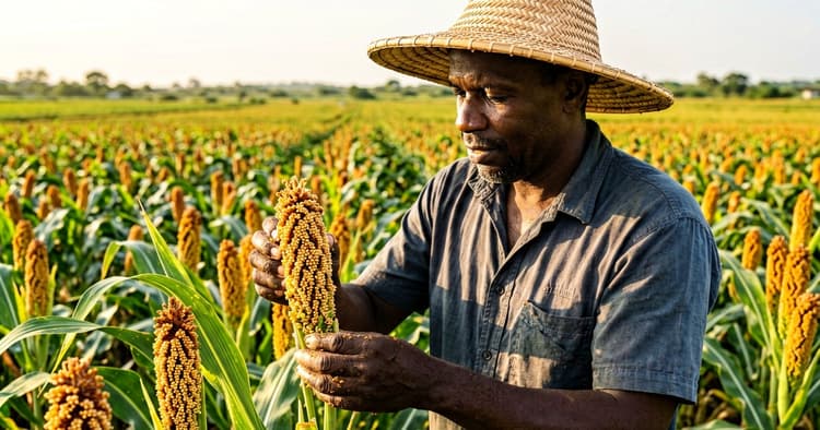 Mozambican farmer examining sorghum grains in the field at sunset