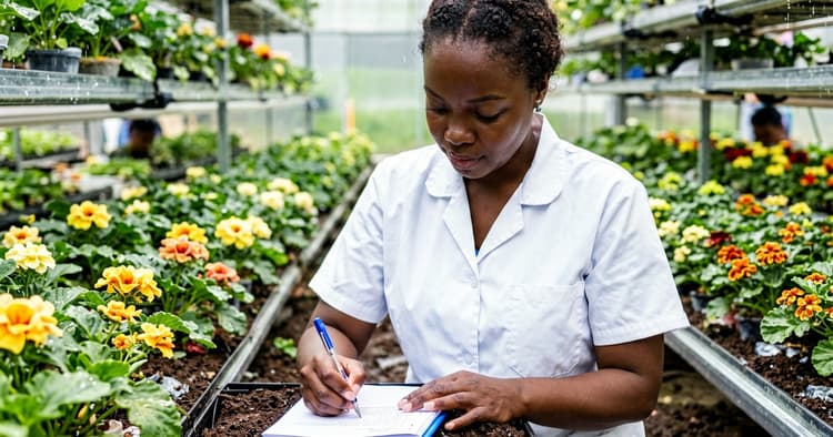 Mozambican agronomist taking notes between rows of vegetables on a commercial farm