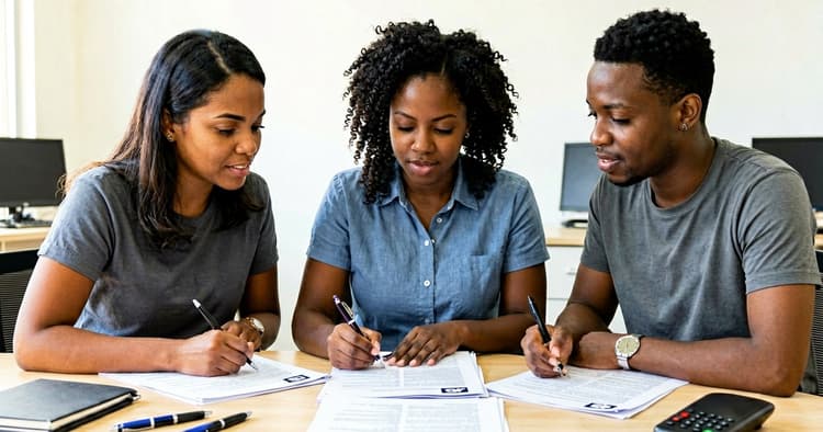 human resources team analyzing resumes at a meeting table in a Mozambican office