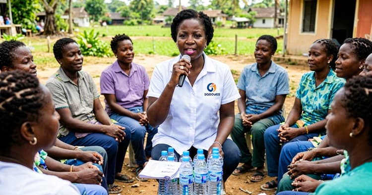 humanitarian worker meeting with a community in a rural courtyard in Cabo Delgado