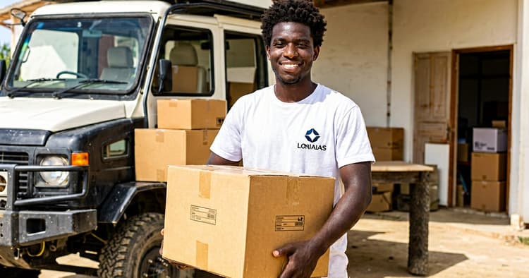 young person loading boxes of humanitarian supplies from a vehicle into a field warehouse