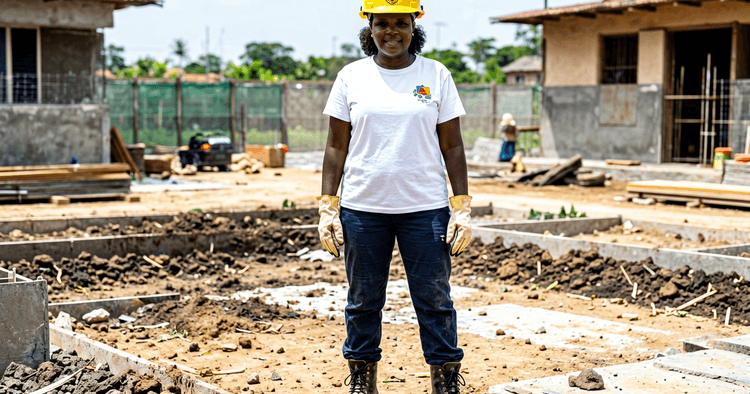 trabalhadora moçambicana com capacete, botas e luvas num canteiro de obras em Maputo, sem texto legível