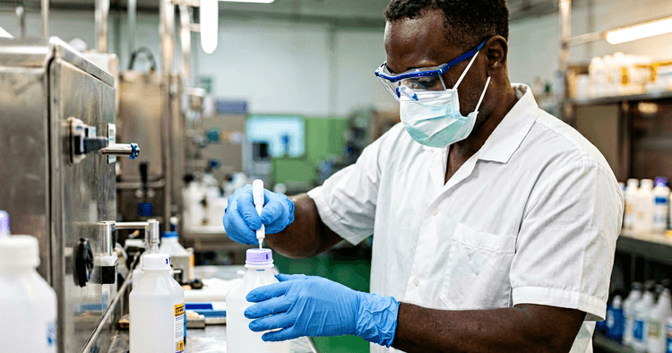 funcionário de fábrica química com luvas, óculos e máscara de protecção a manusear produto, sem texto legível