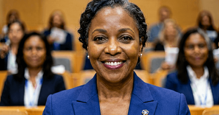 black African woman in a formal suit in a social concertation auditorium in Mozambique, bust portrait, no legible text