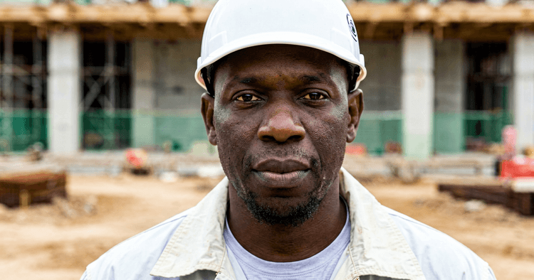 black African worker in a white hard hat and safety vest, on a construction site in Mozambique, bust portrait, no legible text
