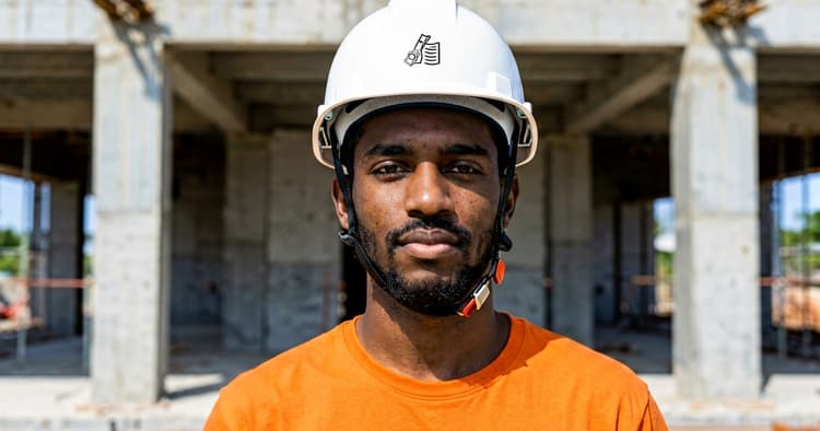 Jovem moçambicano com capacete de obra num canteiro de construção em Maputo