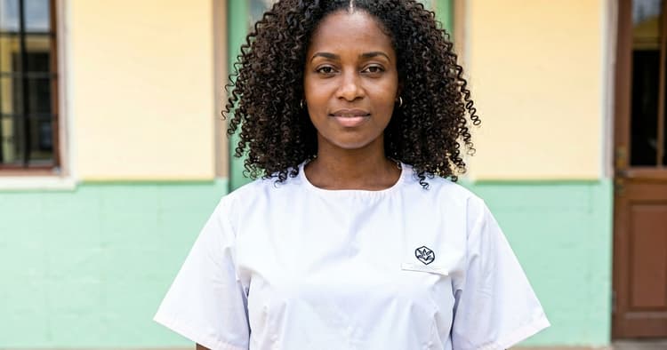 Jovem moçambicana com jaleco em frente a uma clínica em Maputo