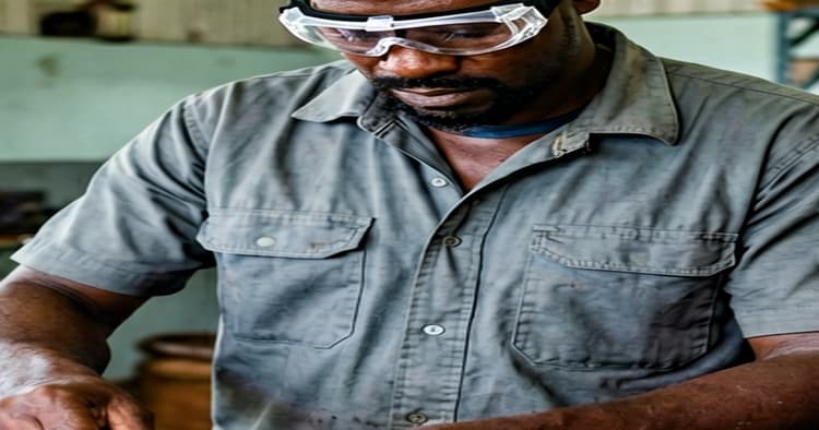Mozambican female intern being guided by a technician in an industrial workshop