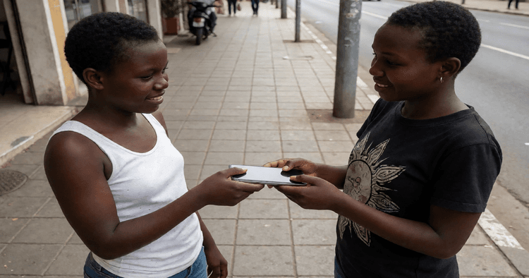 Negotiation of a used mobile phone between two people on a sidewalk in Maputo