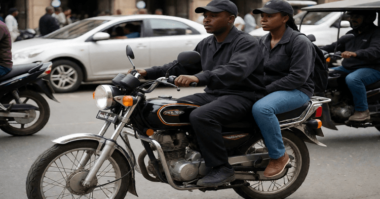 Motorcycle txopela carrying a passenger on a Maputo street