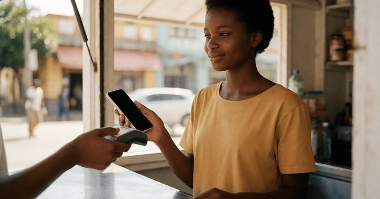 Mozambican seller serving customers at a street counter with a mobile phone screen turned off