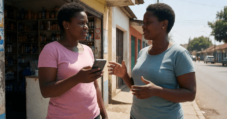 Mozambican woman receiving a payment from a customer at a street counter, mobile phone screen turned off