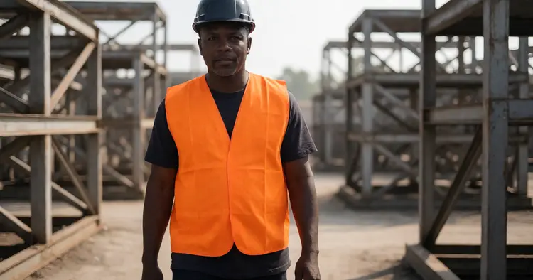 Técnico industrial com capacete e colete laranja num pátio de mineração