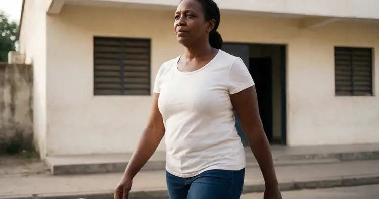 Jovem moçambicana a caminhar perto de edifício público em Inhambane