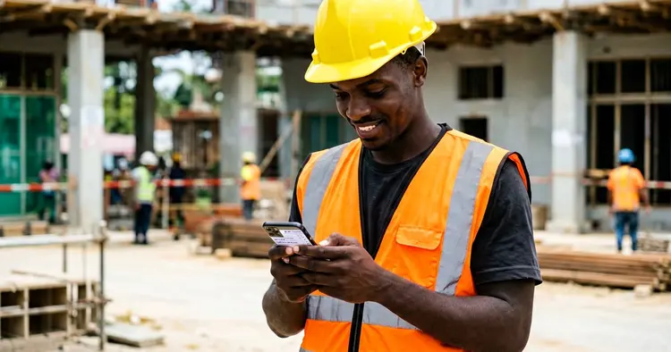 Construction worker in Mozambique checking salary on mobile phone