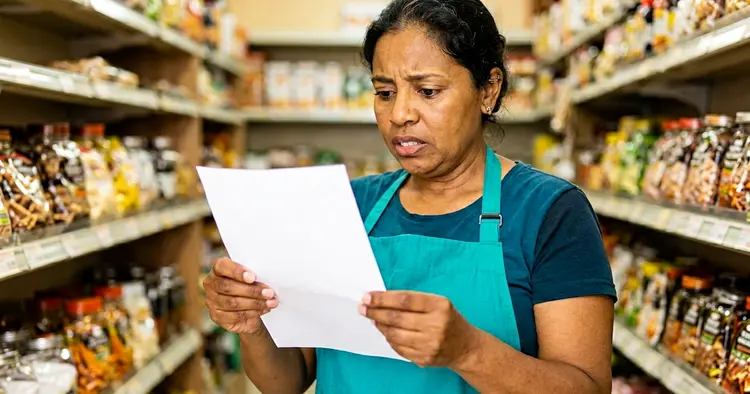 Shop worker checking payslip
