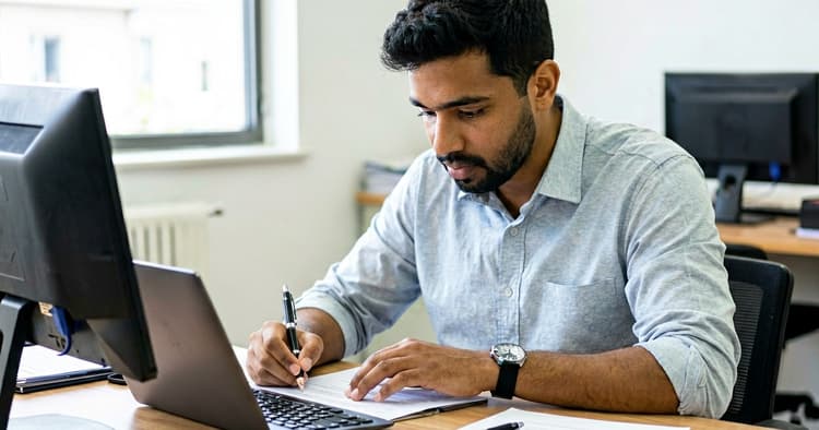 Mozambican preparing a CV on a computer in an office