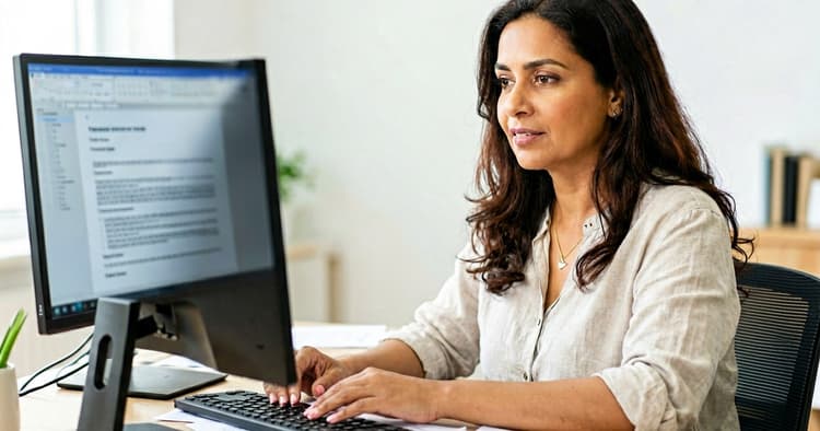 Woman reviewing CV on computer for automated screening