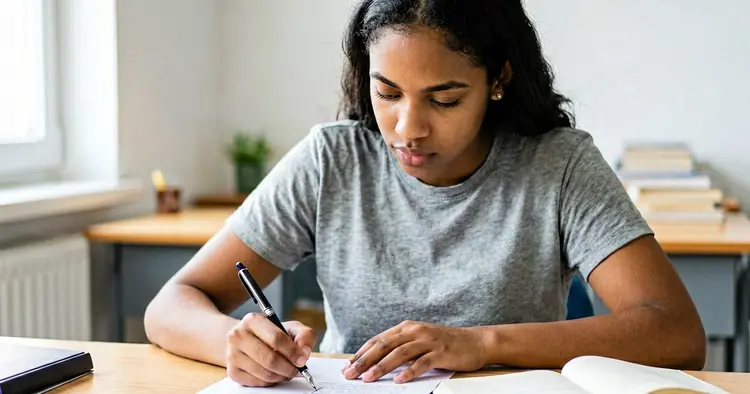 Young person writing an English CV by hand