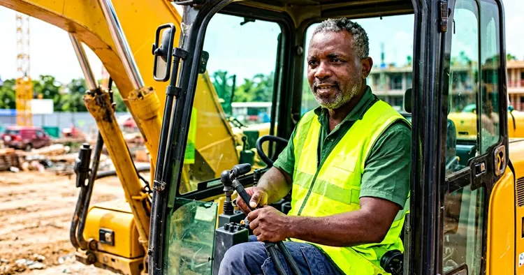 Mozambican operator in the backhoe cabin on a construction site