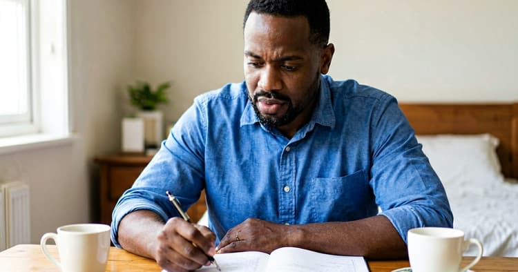 Trabalhador a rever as contas do salário em casa
