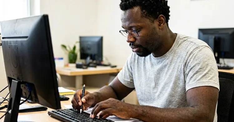 Mozambican candidate composing a professional application email on a laptop