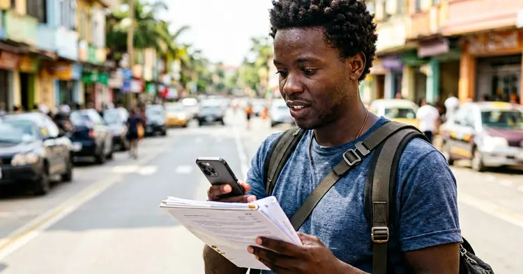 Young Mozambican man with briefcase and phone job hunting in the city