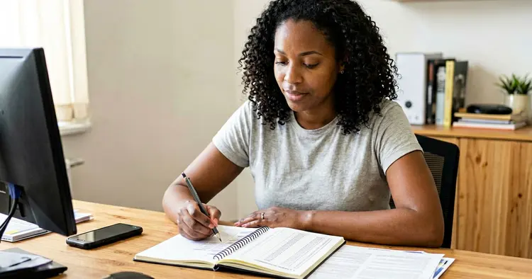 Mozambican woman planning her job search with notebook and CV on the table