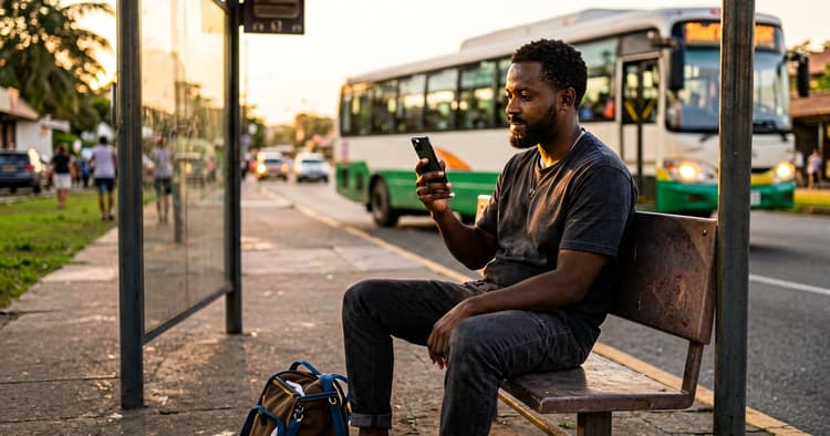 young Mozambican man reading job ads on his mobile phone at a bus stop