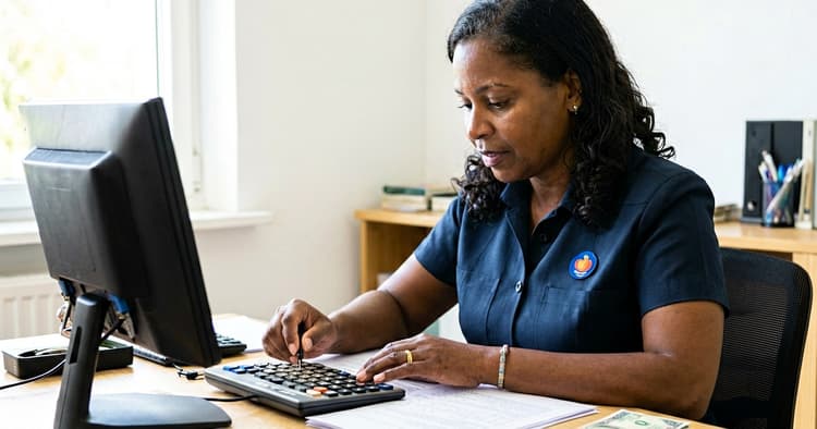 Mozambican administrative worker calculating overtime with a calculator and records in the office