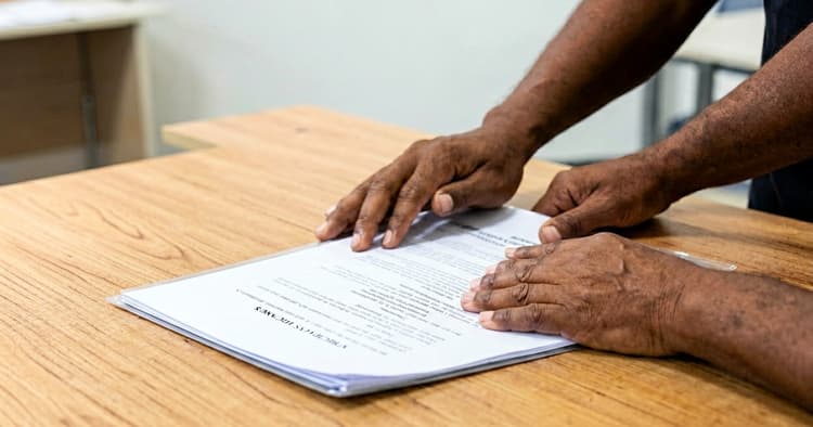 Documentos de cessação de contrato de trabalho sobre a mesa de escritório em Moçambique