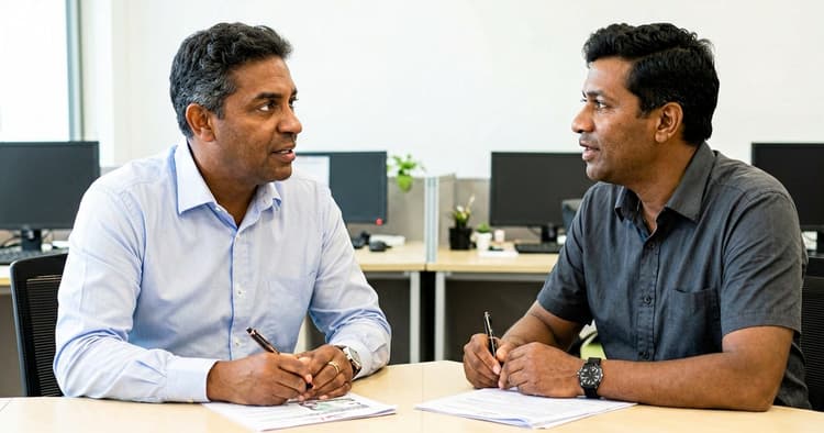 Conversa respeitosa entre gestor e trabalhador num gabinete de empresa em Moçambique