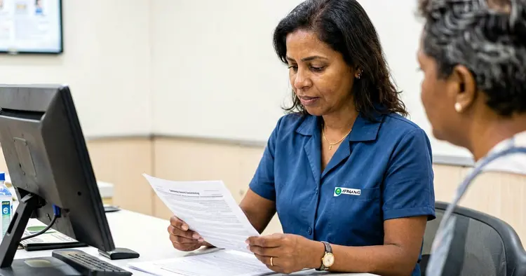 Customer service at an INSS counter in Mozambique with an employee explaining a document to a citizen