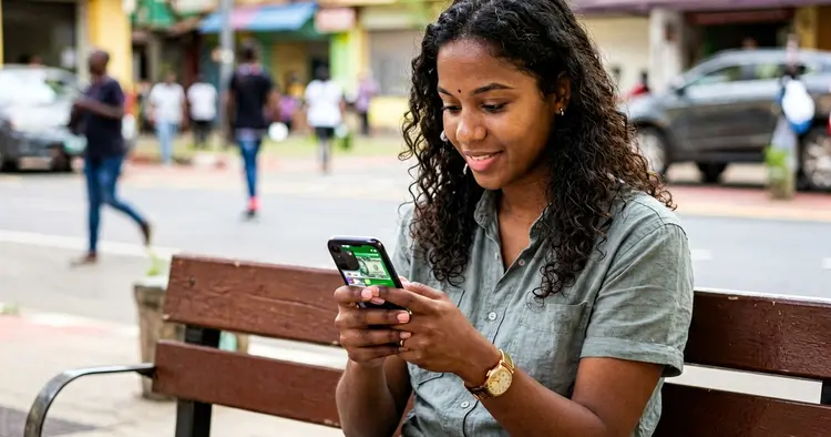 Young Mozambican checking the INSS platform on a mobile phone