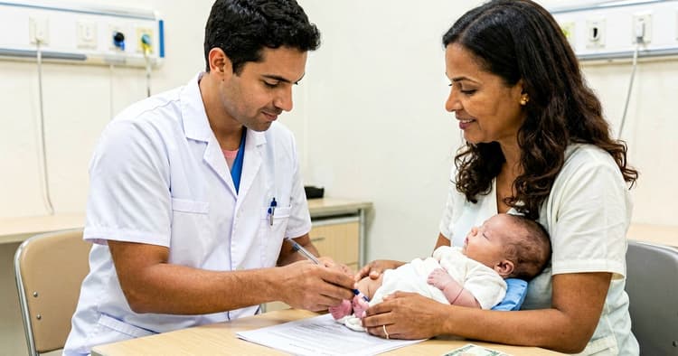 Médico moçambicano a atender mãe com bebé numa consulta em Moçambique