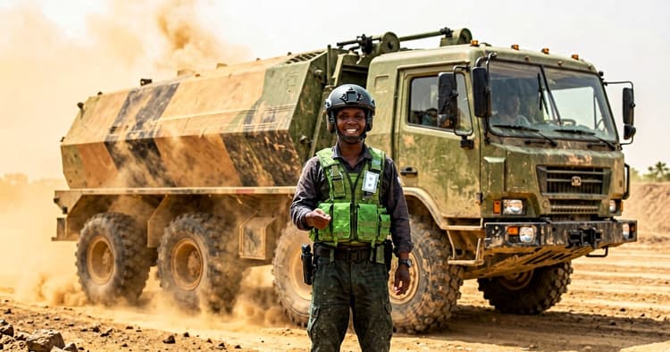 Mozambican mining operator with hard hat and vest next to a mining truck