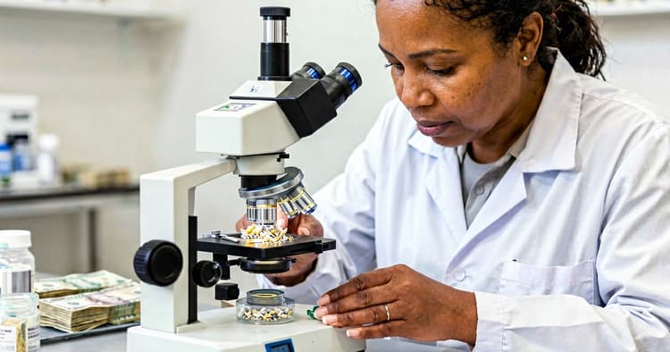 Mozambican technician analyzing mineral samples in a laboratory