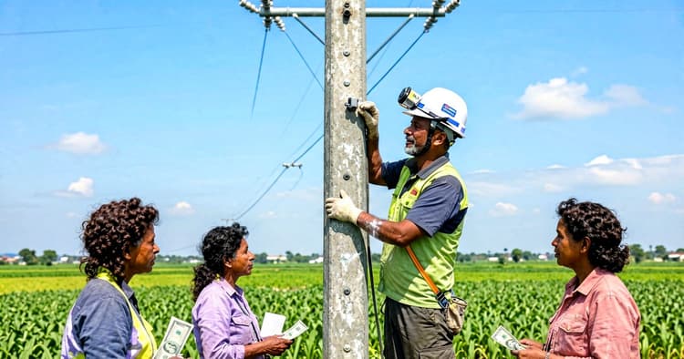 Mozambican electrician working on a power transmission line with safety equipment