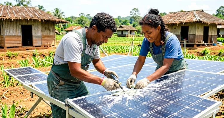 Mozambican installer installing solar panels in a rural area of Mozambique