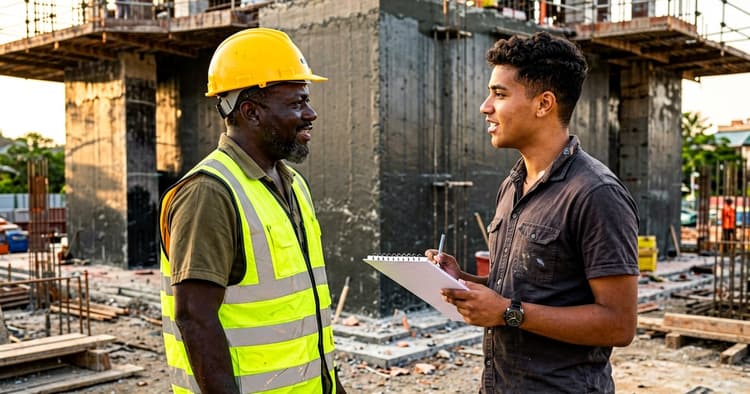 foreman and civil engineer talking on a concrete construction site in Mozambique