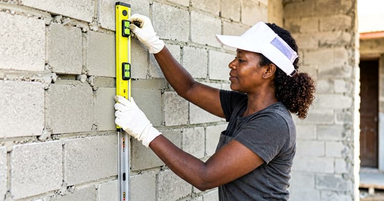 female construction worker leveling a block wall at a residential construction site in Mozambique