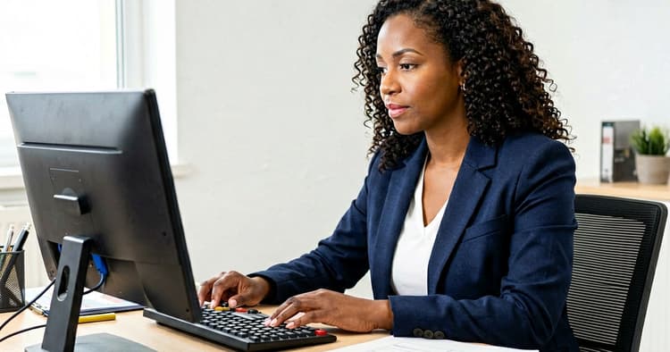 accountant analyzing invoices and financial documents in an office in Mozambique